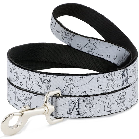 Disney Pet Leash, Dog Leash, Tinker Bell Poses Stars Outline White Black, 4 Feet Long 1.0 Inch Wide