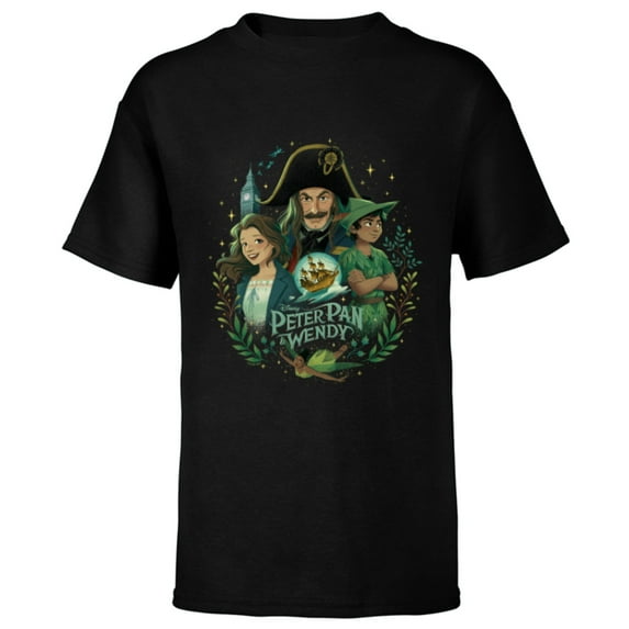 Disney Peter Pan & Wendy Illustrated Characters Disney+ - Short Sleeve T-Shirt for Kids - Customized-Black