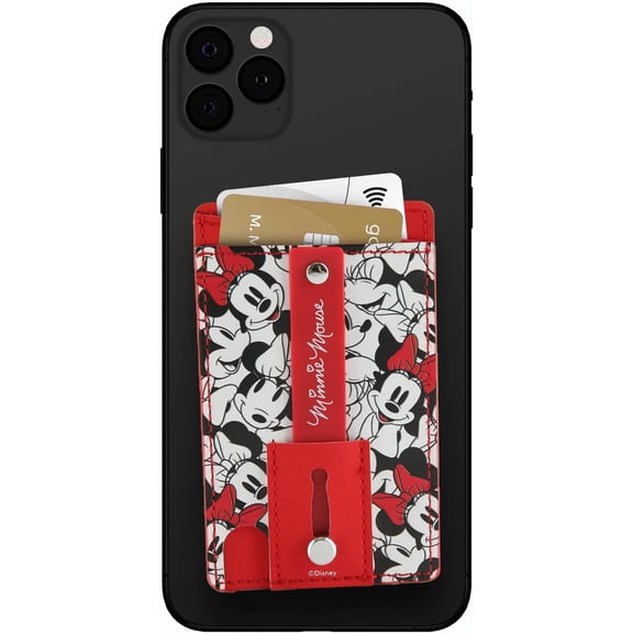 Disney Mickey and Friends Phone Wallet Stick on- Adhesive iPhone Holder with Finger Strap (Red)