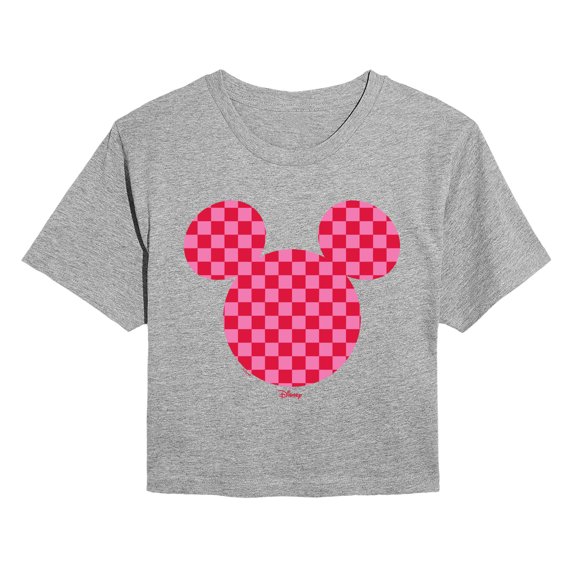 Disney - Pink Checkerboard Mickey Ears - Juniors Cropped Graphic T-Shirt