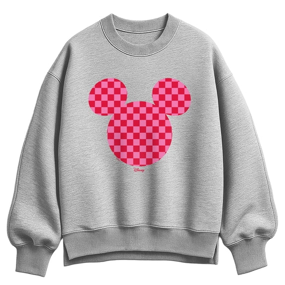 Disney - Pink Checkerboard Mickey Ears Women's Oversized Fleece Crew Sweatshirt