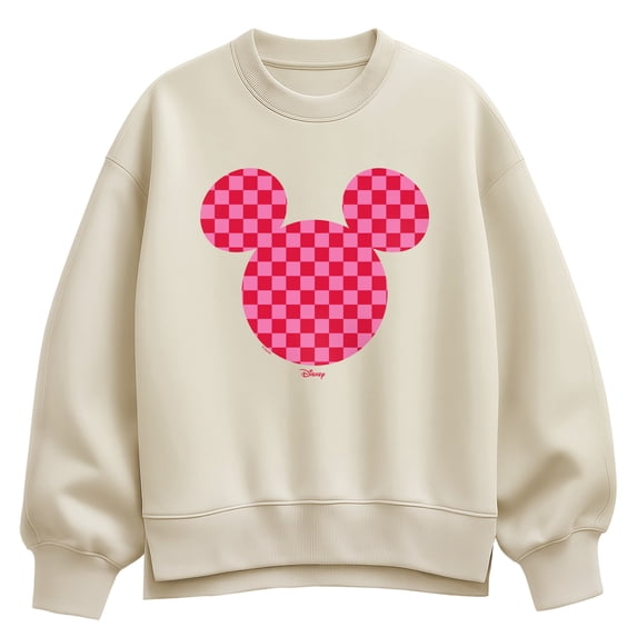 Disney - Pink Checkerboard Mickey Ears Women's Oversized Fleece Crew Sweatshirt