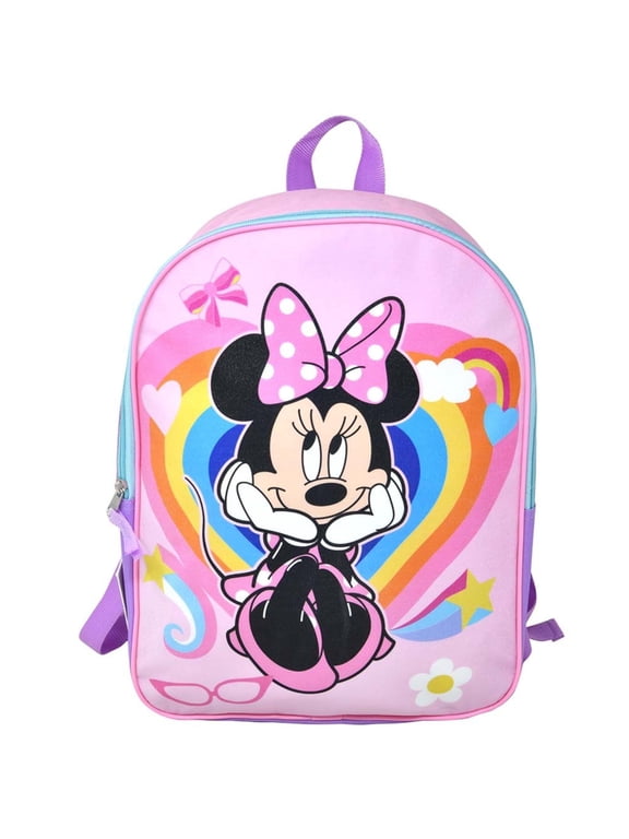 Cute Cartoon Character Minnie Mouse Kids Backpack 15 Inch, Lightweight School Bag for Girls, Toddler Preschool Travel Backpack with Top Handle (No Side Pocket)