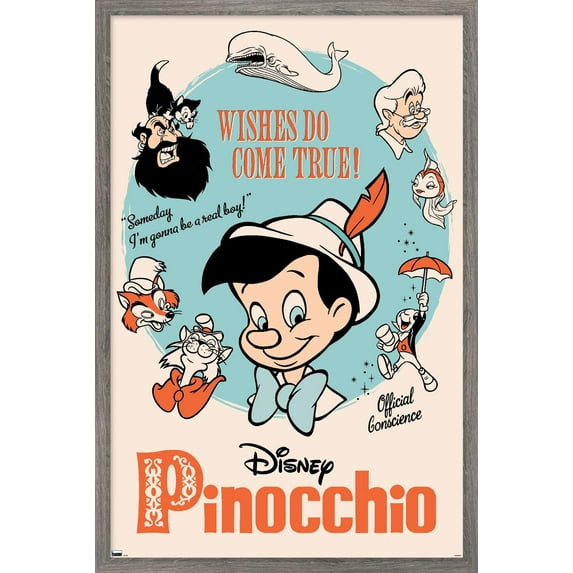 Disney Pinocchio: 85th - Wishes Do Come True Wall Poster, 14.725" x 22.375" Framed