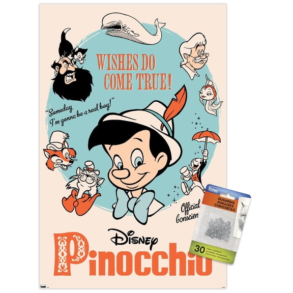 Disney Pinocchio: 85th - Wishes Do Come True Wall Poster with Push Pins, 14.725" x 22.375"