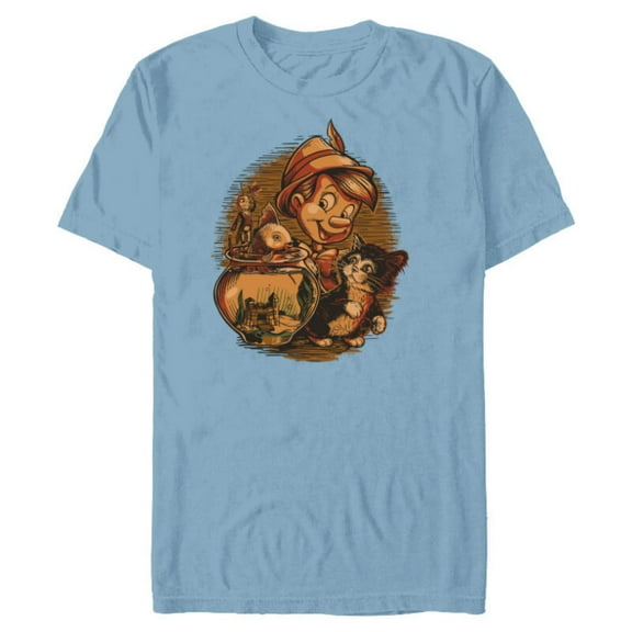 Disney Pinocchio, Jiminy Cricket, Figaro and Cleo - Short Sleeve Blended T-Shirt for Adults - Customized-Ocean Blue