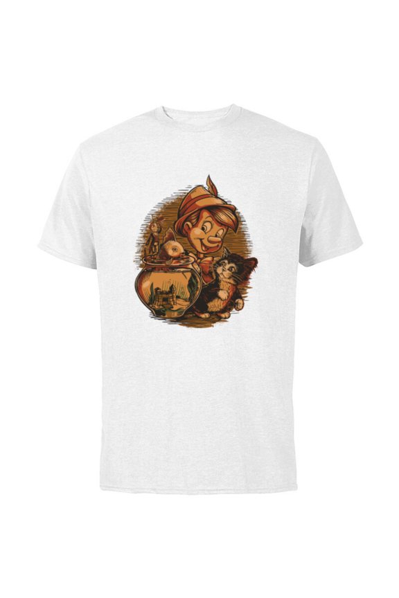 Pinocchio, Jiminy Cricket, Figaro and Cleo - Short Sleeve Cotton T-Shirt for Adults - Customized-White