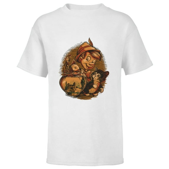 Disney Pinocchio, Jiminy Cricket, Figaro and Cleo - Short Sleeve T-Shirt for Kids - Customized-White