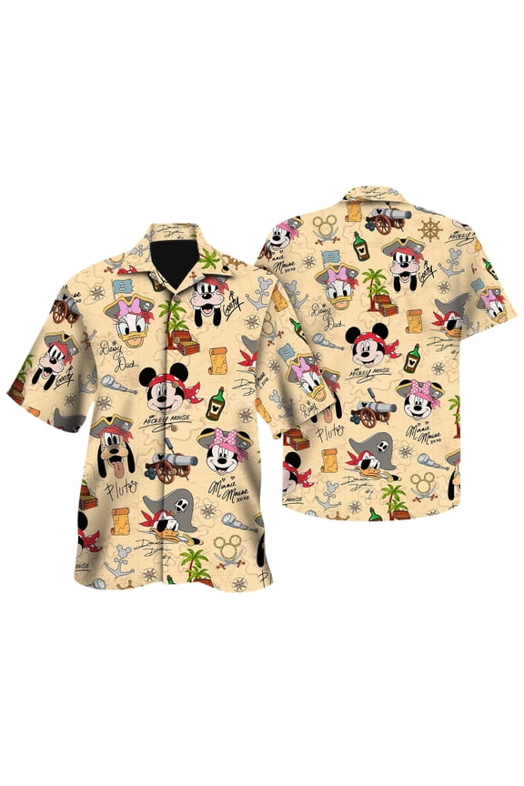 Disney Pirate Mickey & Friends Signature Hawaiian Shirt, Minnie Goofy Donald Daisy Pluto Hawaii Shirt, Pirate Disney Cruise Trip Button Tee