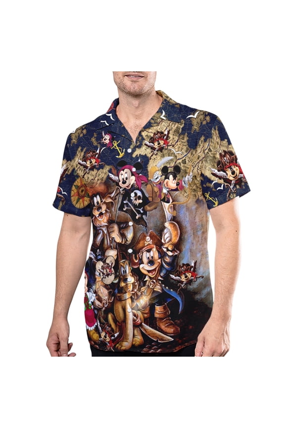 Disney Pirates of the Caribbean Mickey Mouse Hawaiian Shirt, Pirate Treasure Minnie Pluto Goofy Button Up, Pirate Mickey Hawaii Tee