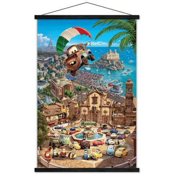 Disney Pixar Cars 2 - Triptych 3 Wall Poster with Wooden Magnetic Frame, 22.375" x 34"