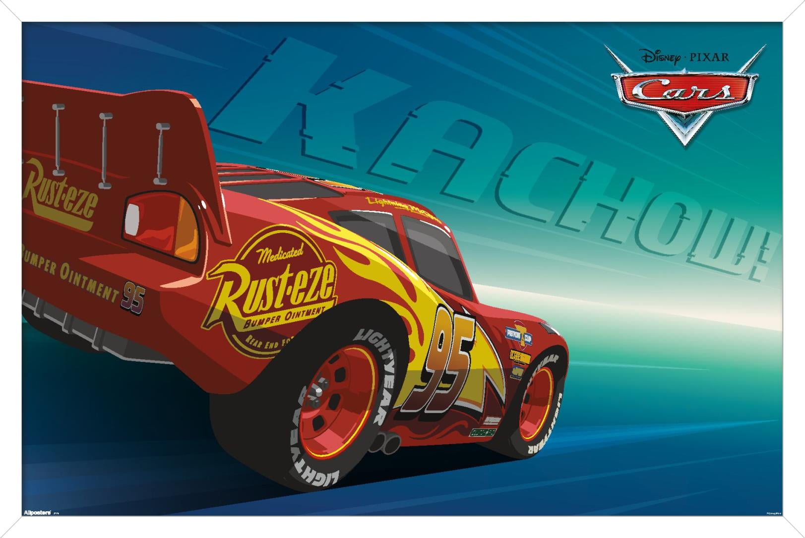 A framed poster of Lightning McQueen's 