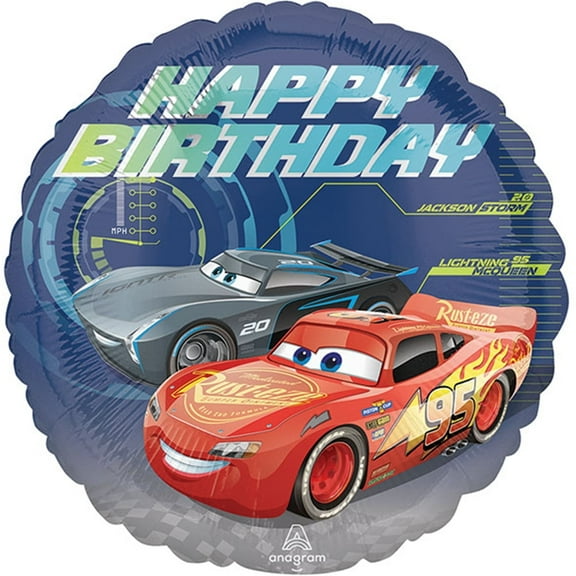 Disney Pixar Cars 3 Lightning McQueen and Jackson "Happy Birthday" Round Foil Balloon, 17 inches