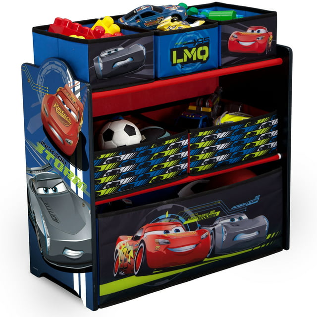 Disney Pixar Cars 6 Bin Design and Store Toy Organizer by Delta Children - Durable Engineered Wood, Solid Wood and Fabric Construction, Black/Multi Color