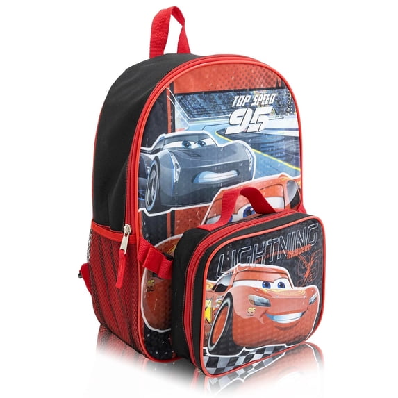 Disney Pixar Cars Backpack with Lunch Box Set for Boys 15" Lightning McQueen School Bookbag & Insulated Lunch Bag with Racing Graphics Boys Backpack Set Ages 3+