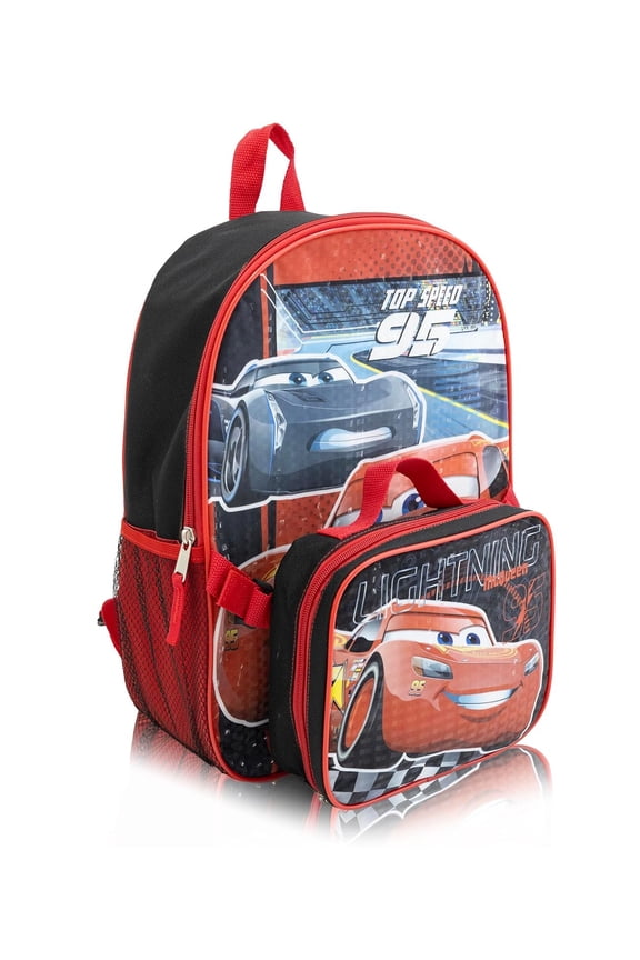 Disney Pixar Cars Backpack with Lunch Box Set for Boys 15" Lightning McQueen School Bookbag & Insulated Lunch Bag with Racing Graphics Boys Backpack Set Ages 3+