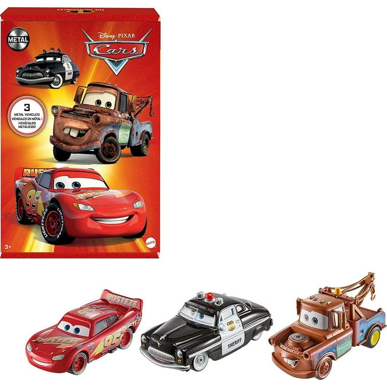 Disney and Pixar Cars Toys, Radiator Springs 3-Pack with Lightning McQueen, Mater and Sheriff Die-Cast Toy Cars, HBW14