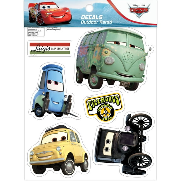 Disney Pixar Cars Decals - Set of 6 Lizzie, Fillmore, Guido, Luigi Vinyl Stickers for Car Laptop Computer Kids Water Bottle Outdoor Waterproof
