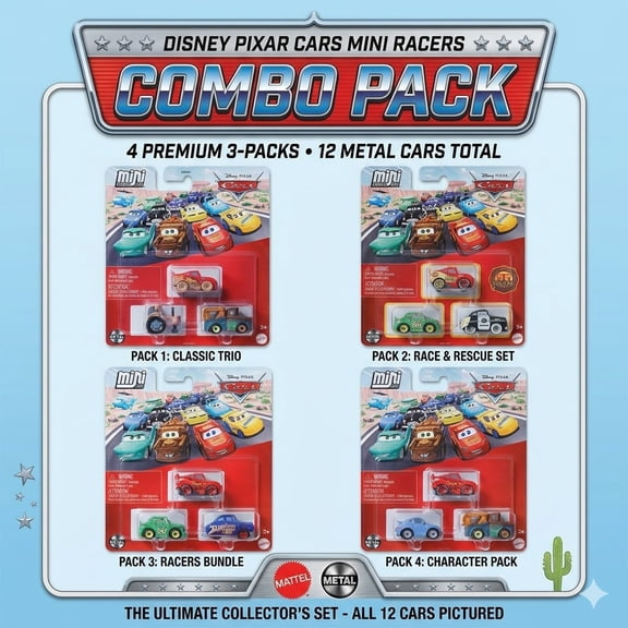 Disney Pixar Cars Die-Cast Metal Mini Racers 3-Pack Bundle Set of 4 - 12 Cars Total