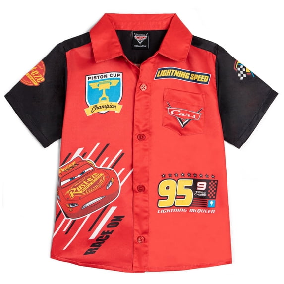 Disney Cars Big Boys' Short Sleeve Button-Down Shirt Red McQueen Black
