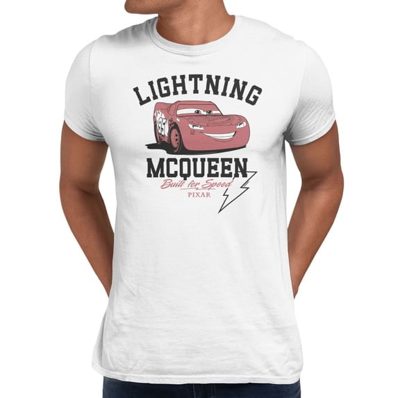 Disney Pixar Cars Lightning McQueen Built For Speed Men's T Shirt (White, S-XXXL)