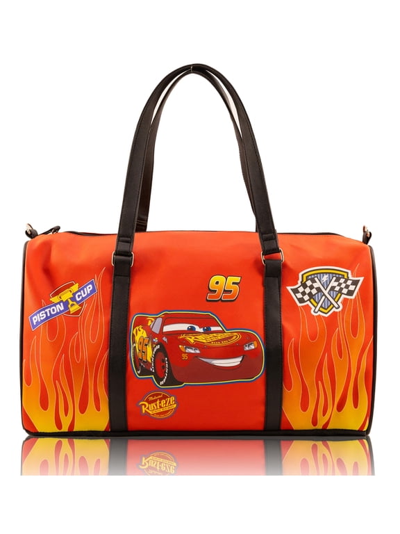 Disney Pixar Cars Lightning McQueen Duffle Bag for Boys 16" Travel Bag with Ka-Chow Flames Design Overnight Weekender Bag with Shoulder Strap Ages 3+