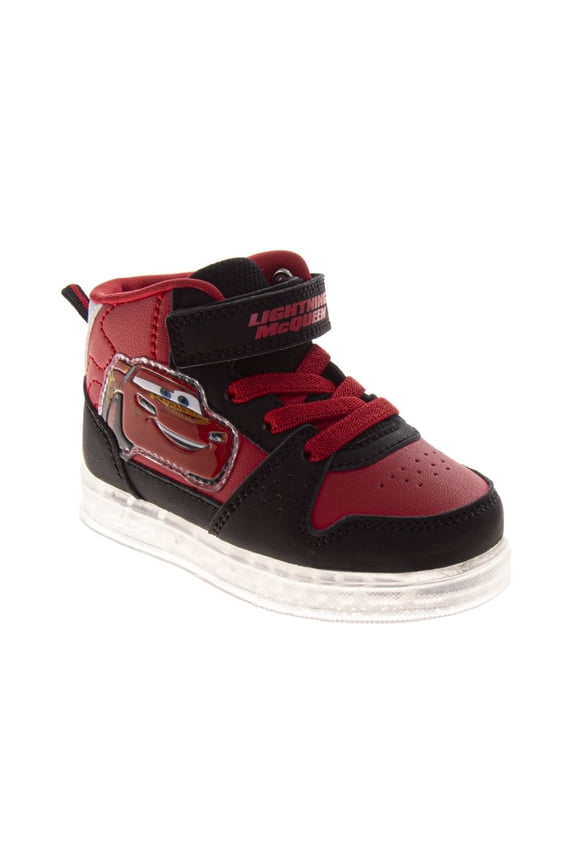 Pixar Cars Lightning Mcqueen High Top Sneakers Boys, Race Car Design Lace Up Velcro (Toddler Little Kid), Red Black, Size: 9