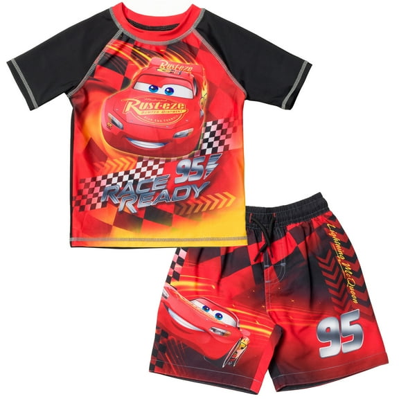 Disney Pixar Cars Lightning McQueen Little Boys Rash Guard and Swim Trunks Outfit Set Toddler to Little Kid