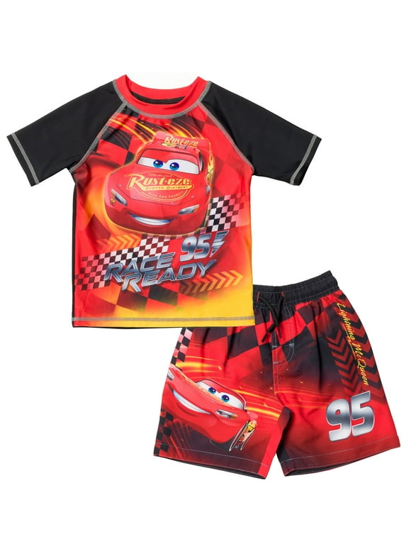 Disney Pixar Cars Lightning McQueen Little Boys Rash Guard and Swim Trunks Outfit Set Toddler to Little Kid