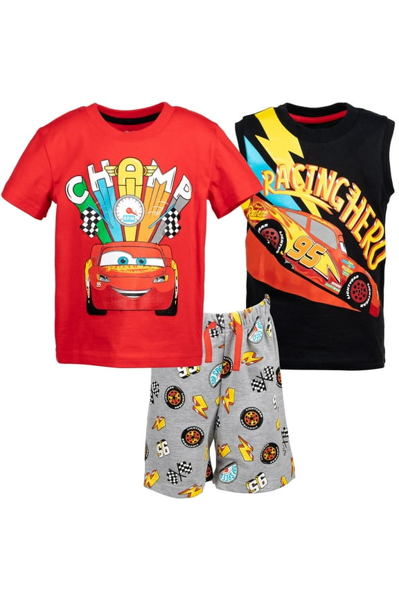 Pixar Cars Lightning McQueen Toddler Boys Graphic T-Shirt Tank Top French Terry Shorts Set Red/Black 2T