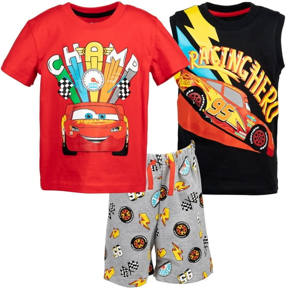 Disney Pixar Cars Lightning McQueen Toddler Boys Graphic T-Shirt Tank Top French Terry Shorts Set Red/Black 4T