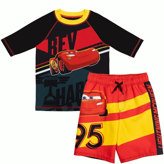 Disney Pixar Cars Lightning McQueen Toddler Boys Rash Guard and Swim Trunks Outfit set Black / Red 3T