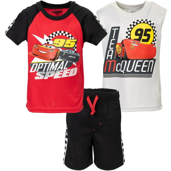 Disney Pixar Cars Lightning McQueen Toddler Boys T-Shirt Tank Top and Mesh Shorts 3 Piece Outfit Set Toddler to Big Kid