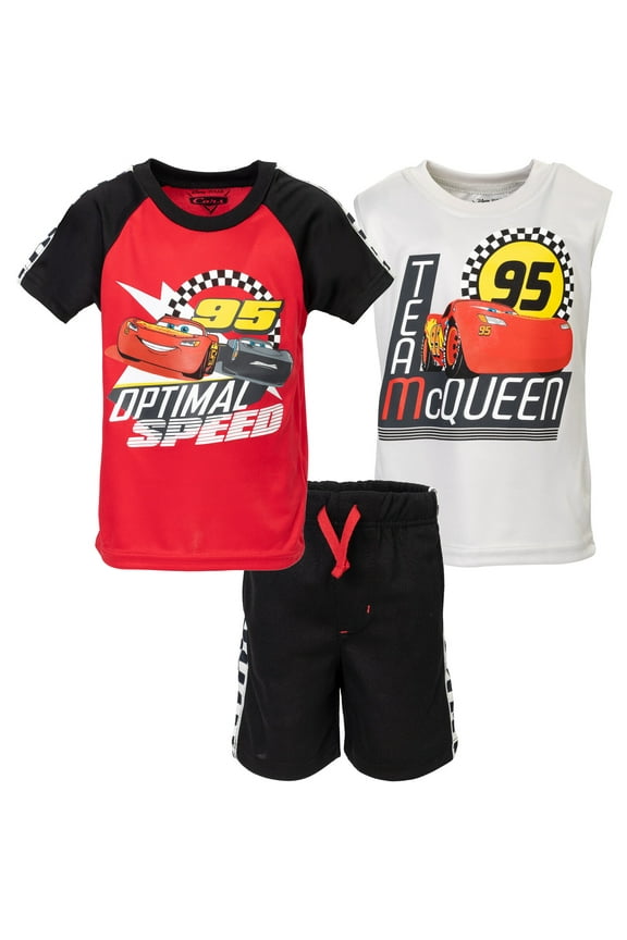 Pixar Cars Lightning McQueen Toddler Boys T-Shirt Tank Top and Mesh Shorts 3 Piece Outfit Set Toddler to Big Kid