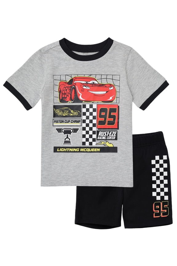 Pixar Cars Lightning McQueen Toddler Outfit for Boys, 2PC T-Shirt & Fleece Shorts Set (Heather Grey, 7)