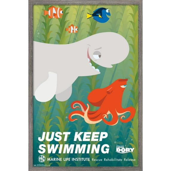 Disney Pixar Finding Dory - Just Keep Swimming Wall Poster, 14.725" x 22.375", Framed