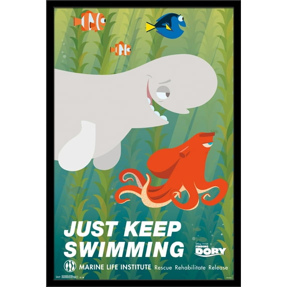 Disney Pixar Finding Dory - Just Keep Swimming Wall Poster, 22.375" x 34", Framed