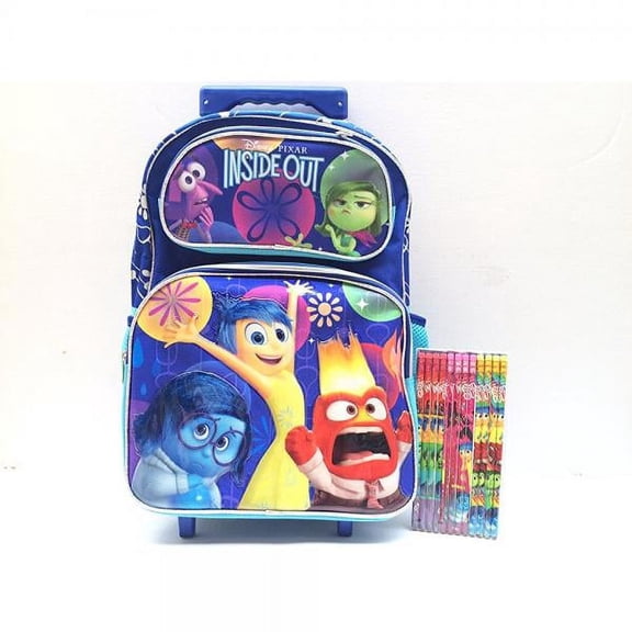 Disney Pixar Inside Out Blue Large Rolling Backpack with Pencil Set