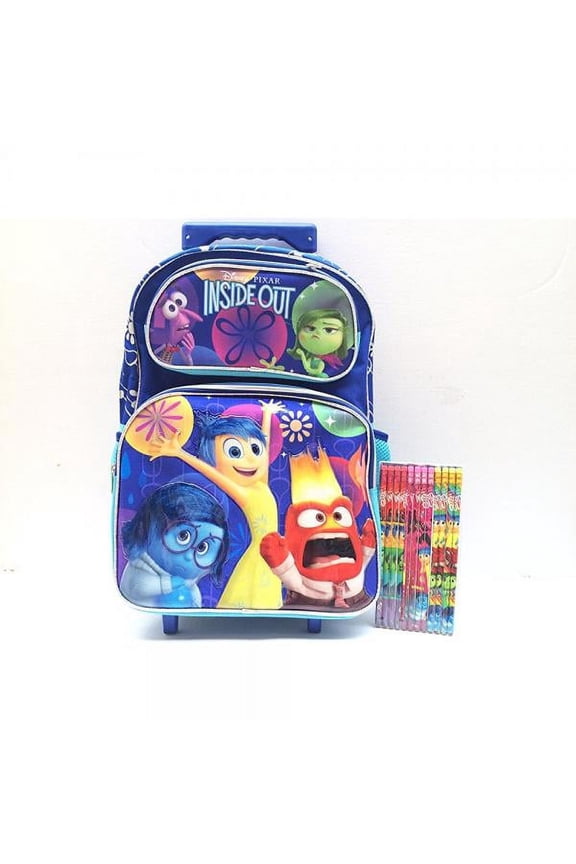 Disney Pixar Inside Out Blue Large Rolling Backpack with Pencil Set