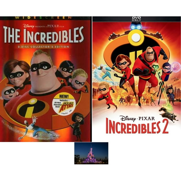 Disney Pixar The Incredibles 1 One & 2 Two DVD Set Bundled with Magic Kingdom Art Card