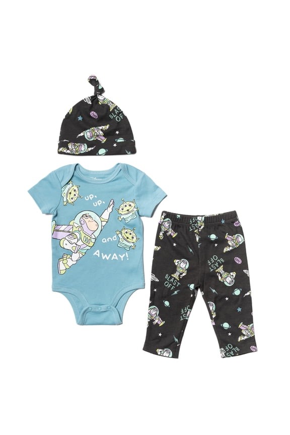 Pixar Toy Story Buzz Lightyear Alien Infant Baby Boys Bodysuit Pants and Hat 3 Piece Outfit Set Newborn to Infant