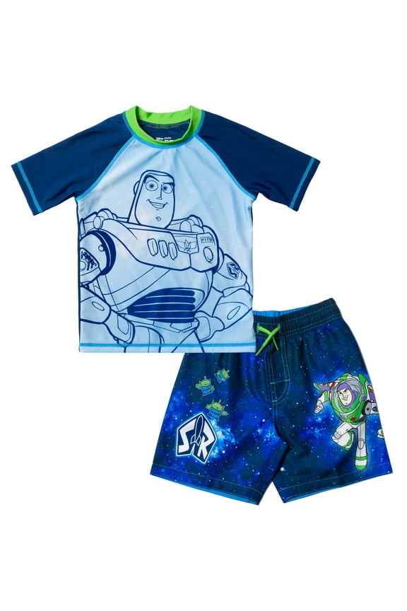 Pixar Toy Story Buzz Lightyear Alien Infant Baby Boys Rash Guard and Swim Trunks Outfit Set Infant to Little Kid