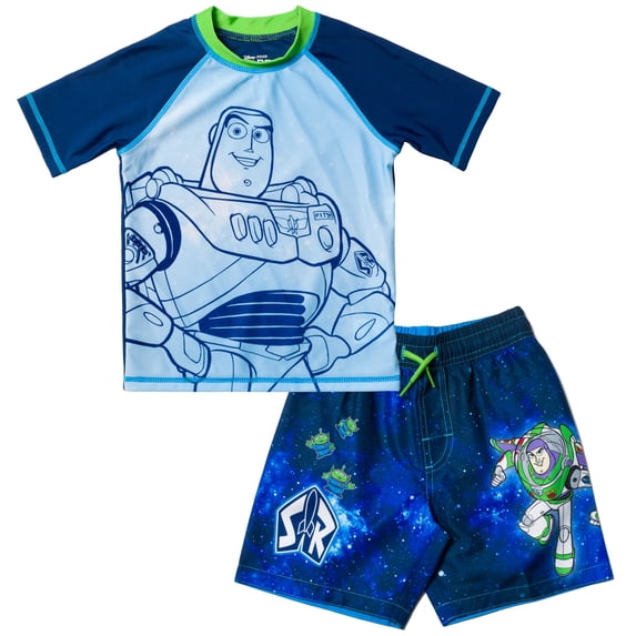 Disney Toy Story Little Boys' Swimwear 2-Piece Rash Guard and Swim Trunks Set Buzz Aliens Blue