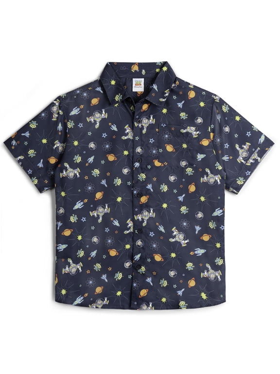 Toy Story Little Boys' Short Sleeve Button-Down Shirt Navy Buzz Alien