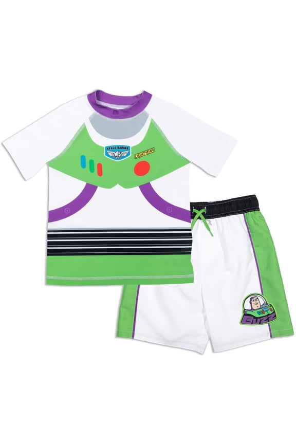 Toy Story Toddler Boys' Swimwear 2-Piece Rash Guard and Swim Trunks Set Buzz Lightyear White
