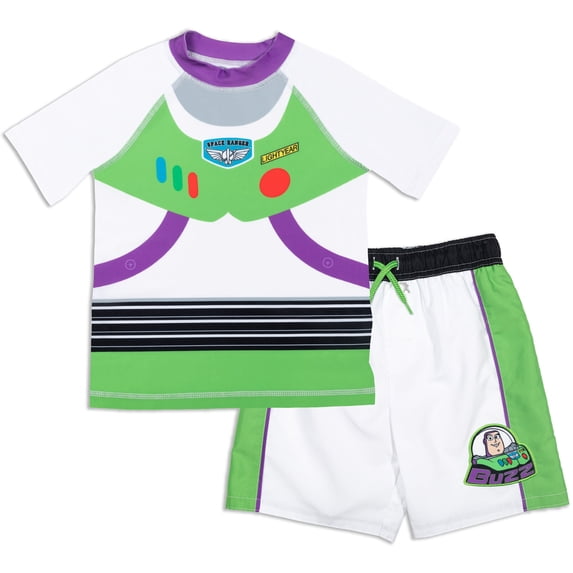 Disney Toy Story Toddler Boys' Swimwear 2-Piece Rash Guard and Swim Trunks Set Buzz Lightyear White