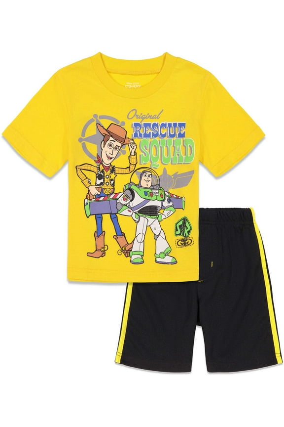 Pixar Toy Story Buzz Lightyear Woody Toddler Boys Athletic T-Shirt and Mesh Shorts Set Yellow 5T