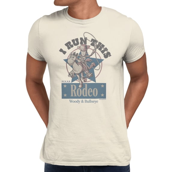Disney Pixar Toy Story I Run This Rodeo Woody Bullseye Men's T Shirt (Natural, S-XXXL)