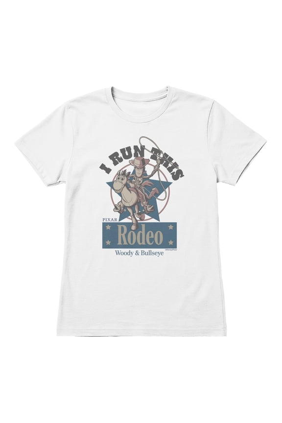 Pixar Toy Story I Run This Rodeo Woody Bullseye Women's T Shirt (White, S-XXL)