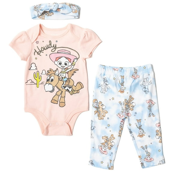 Disney Pixar Toy Story Jessie Bullseye Newborn Baby Girls Bodysuit Pants and Headband 3 Piece Outfit Set Newborn to Infant